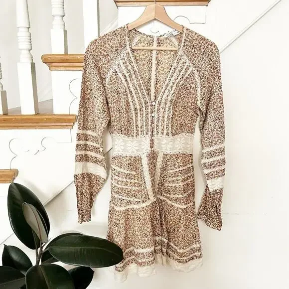Veronica Beard Addilyn Floral Lace Trim Mini Dress Long Sleeve Beige Size 4